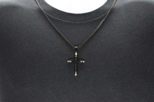 Mens Black Stainless Steel Cross Pendant Necklace With Franco Link Chain Inlay