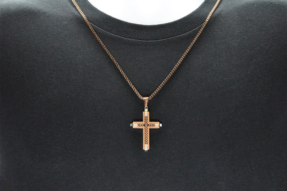 Mens Chocolate Stainless Steel Cross Pendant Necklace With Franco Link Chain Inlay