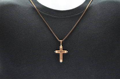 Mens Chocolate Stainless Steel Cross Pendant Necklace With Franco Link Chain Inlay