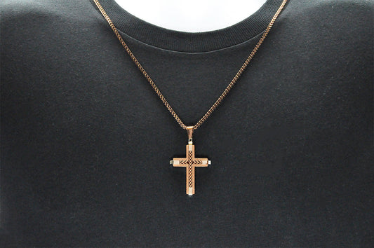 Mens Chocolate Stainless Steel Cross Pendant Necklace With Franco Link Chain Inlay