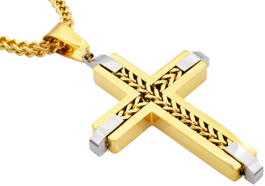 Mens Gold Stainless Steel Cross Pendant Necklace With Franco Link Chain Inlay