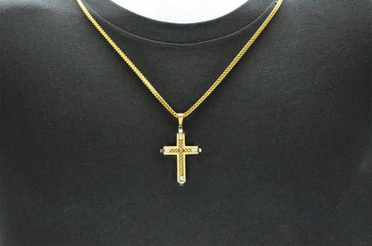 Mens Gold Stainless Steel Cross Pendant Necklace With Franco Link Chain Inlay