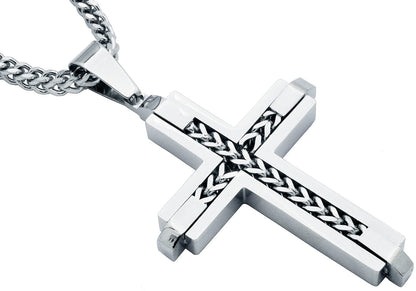 Mens Stainless Steel Cross Pendant Necklace With Franco Link Chain Inlay