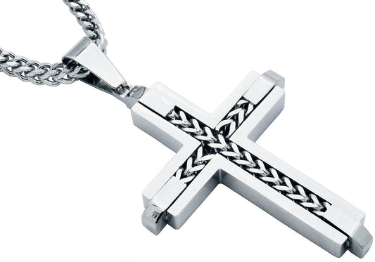 Mens Stainless Steel Cross Pendant Necklace With Franco Link Chain Inlay