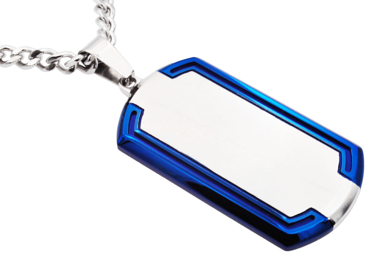 Mens Blue And Silver Stainless Steel Dog Tag ID Pendant With 24" Curb Chain