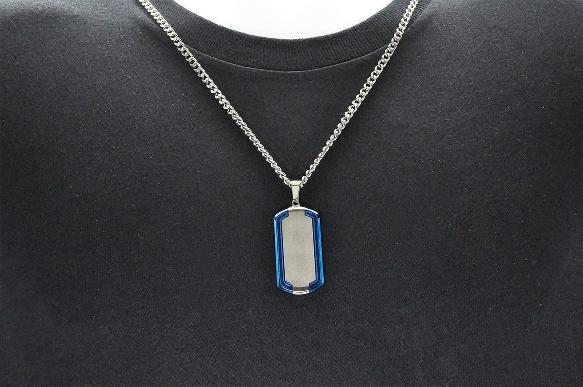 Mens Blue And Silver Stainless Steel Dog Tag ID Pendant With 24" Curb Chain