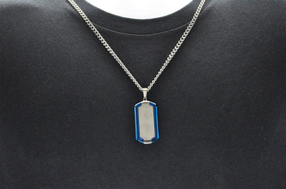 Mens Blue And Silver Stainless Steel Dog Tag ID Pendant With 24" Curb Chain