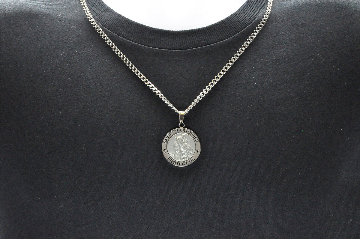 Mens Stainless Steel Saint Christopher Protect Us Pendant