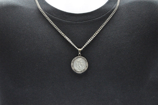 Mens Stainless Steel Saint Christopher Protect Us Pendant