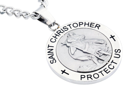 Mens Stainless Steel Saint Christopher Protect Us Pendant