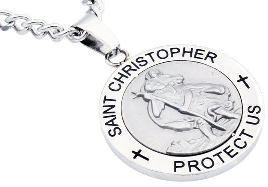 Mens Stainless Steel Saint Christopher Protect Us Pendant