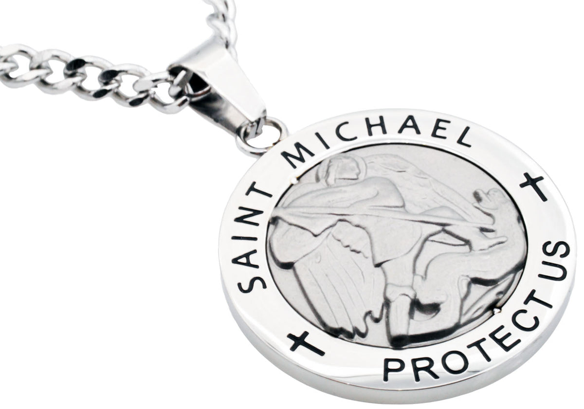 Mens Stainless Steel Saint Michael Protect Us Pendant