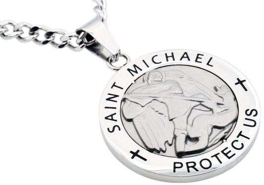 Mens Stainless Steel Saint Michael Protect Us Pendant
