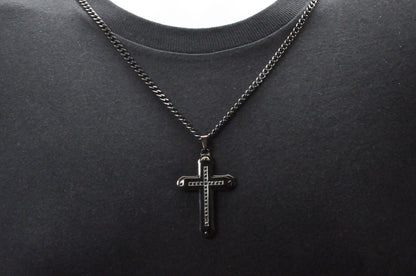 Mens Black Stainless Steel Cross Pendant Necklace With Black Cubic Zirconia