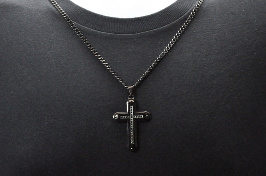 Mens Black Stainless Steel Cross Pendant Necklace With Black Cubic Zirconia