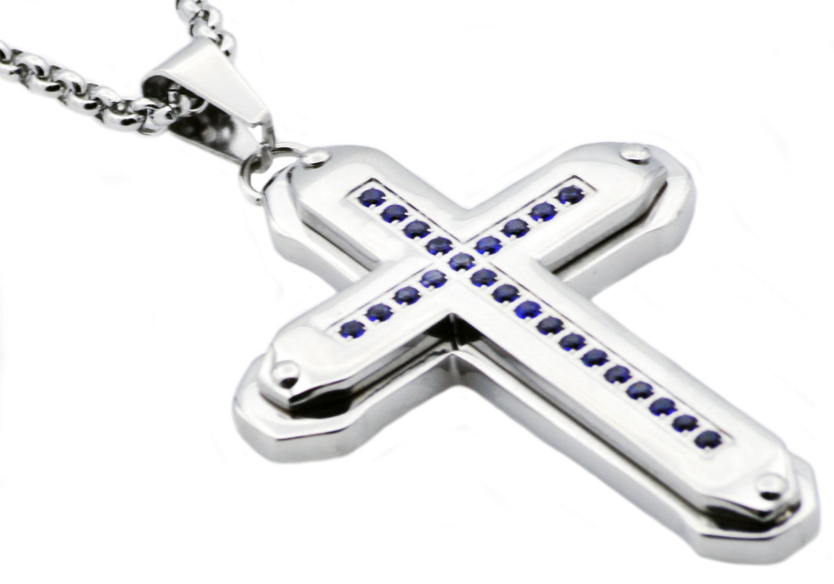 Mens Stainless Steel Cross Pendant Necklace With Blue Cubic Zirconia