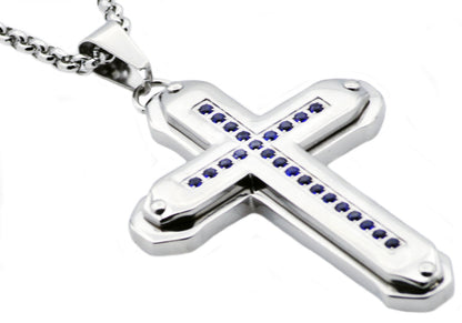 Mens Stainless Steel Cross Pendant Necklace With Blue Cubic Zirconia