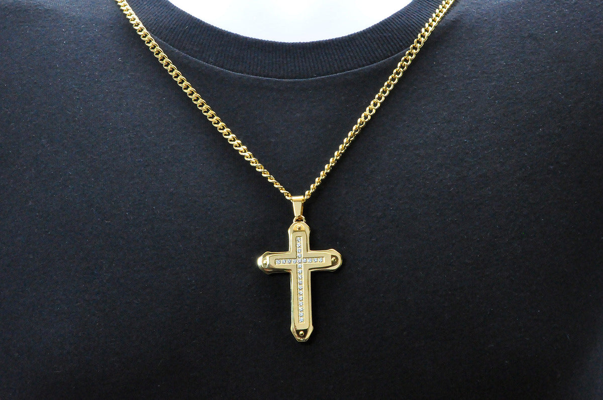 Mens Gold Stainless Steel Cross Pendant Necklace With Cubic Zirconia