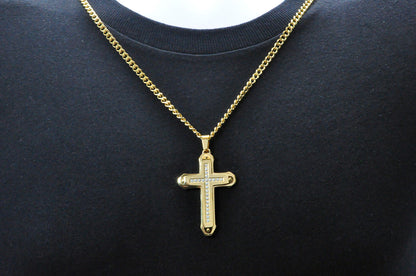 Mens Gold Stainless Steel Cross Pendant Necklace With Cubic Zirconia