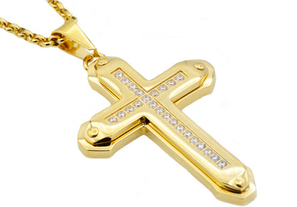 Mens Gold Stainless Steel Cross Pendant Necklace With Cubic Zirconia