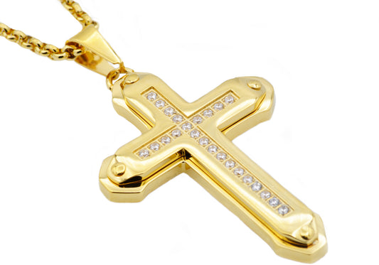 Mens Gold Stainless Steel Cross Pendant Necklace With Cubic Zirconia