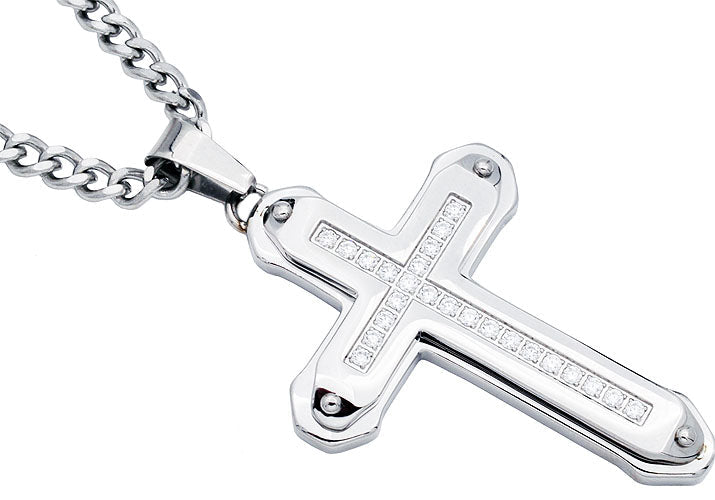 Mens Stainless Steel Cross Pendant Necklace With Cubic Zirconia