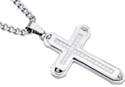 Mens Stainless Steel Cross Pendant Necklace With Cubic Zirconia