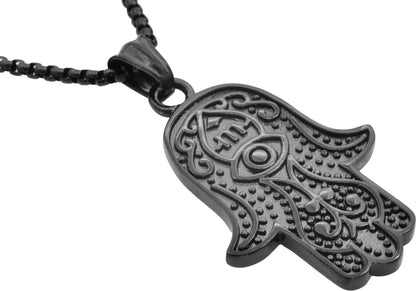 Mens Black Stainless Steel Hamsa Pendant Necklace