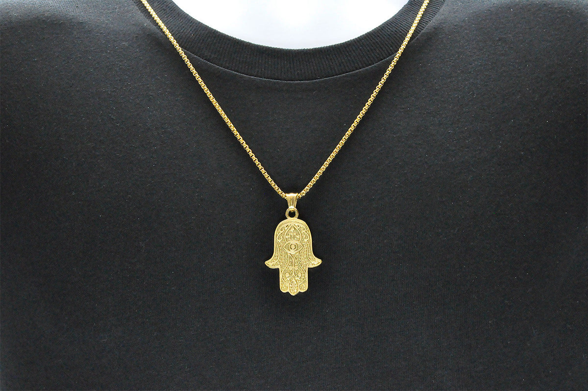 Mens Gold Stainless Steel Hamsa Pendant Necklace