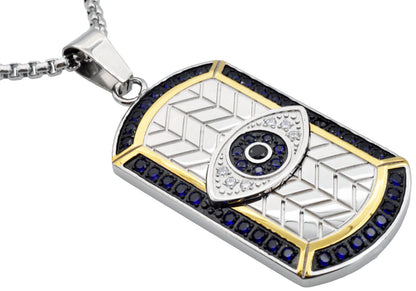 Mens Tri Tone Black And Gold Stainless Steel Evil Eye Dog Tag Pendant With Blue Cubic Zirconia