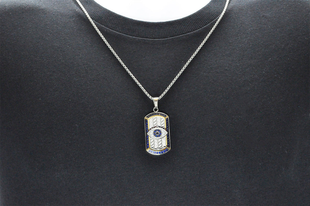 Mens Tri Tone Black And Gold Stainless Steel Evil Eye Dog Tag Pendant With Blue Cubic Zirconia
