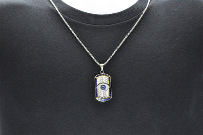 Mens Tri Tone Black And Gold Stainless Steel Evil Eye Dog Tag Pendant With Blue Cubic Zirconia