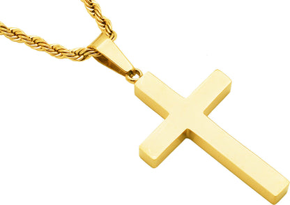Mens Gold Stainless Steel Cross Pendant With 24" Rope Chain