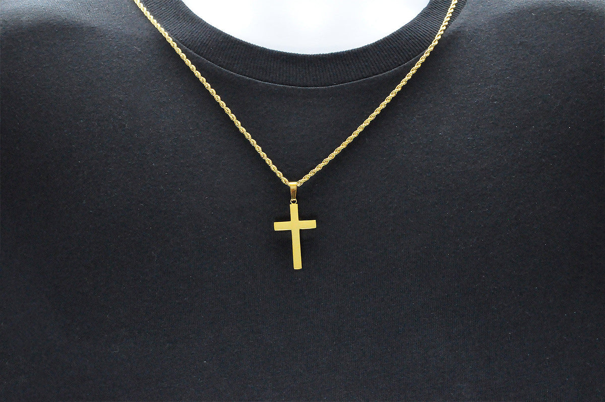 Mens Gold Stainless Steel Cross Pendant With 24" Rope Chain