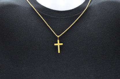 Mens Gold Stainless Steel Cross Pendant With 24" Rope Chain