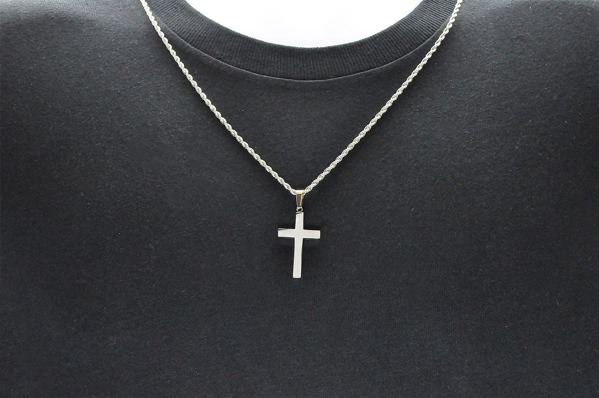 Mens Stainless Steel Cross Pendant With 24" Rope Chain