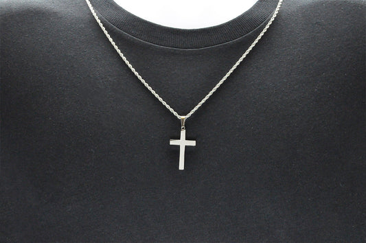 Mens Stainless Steel Cross Pendant With 24" Rope Chain