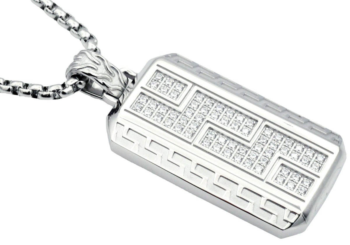 Mens Stainless Steel Greek Key CZ Dog Tag Pendant Necklace With 24" Round Box Chain