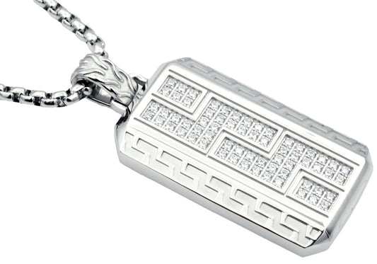 Mens Stainless Steel Greek Key CZ Dog Tag Pendant Necklace With 24" Round Box Chain