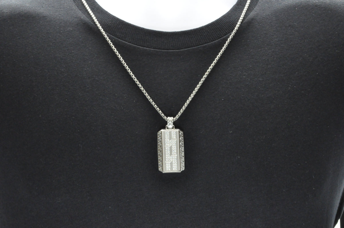 Mens Stainless Steel Greek Key CZ Dog Tag Pendant Necklace With 24" Round Box Chain