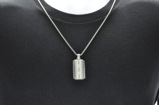 Mens Stainless Steel Greek Key CZ Dog Tag Pendant Necklace With 24" Round Box Chain