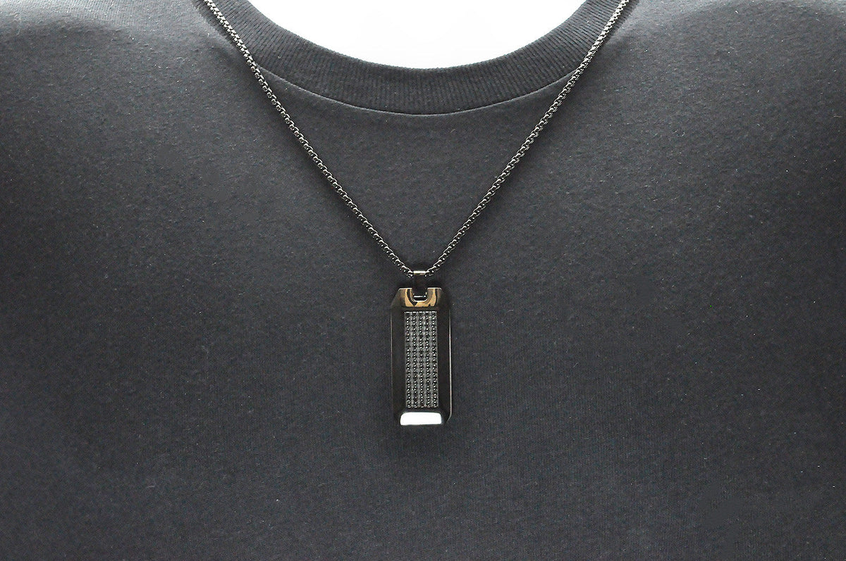 Mens Black Stainless Steel CZ Dog Tag Pendant Necklace With 24" Round Box Chain