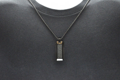 Mens Black Stainless Steel CZ Dog Tag Pendant Necklace With 24" Round Box Chain