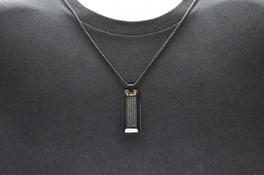 Mens Black Stainless Steel CZ Dog Tag Pendant Necklace With 24" Round Box Chain