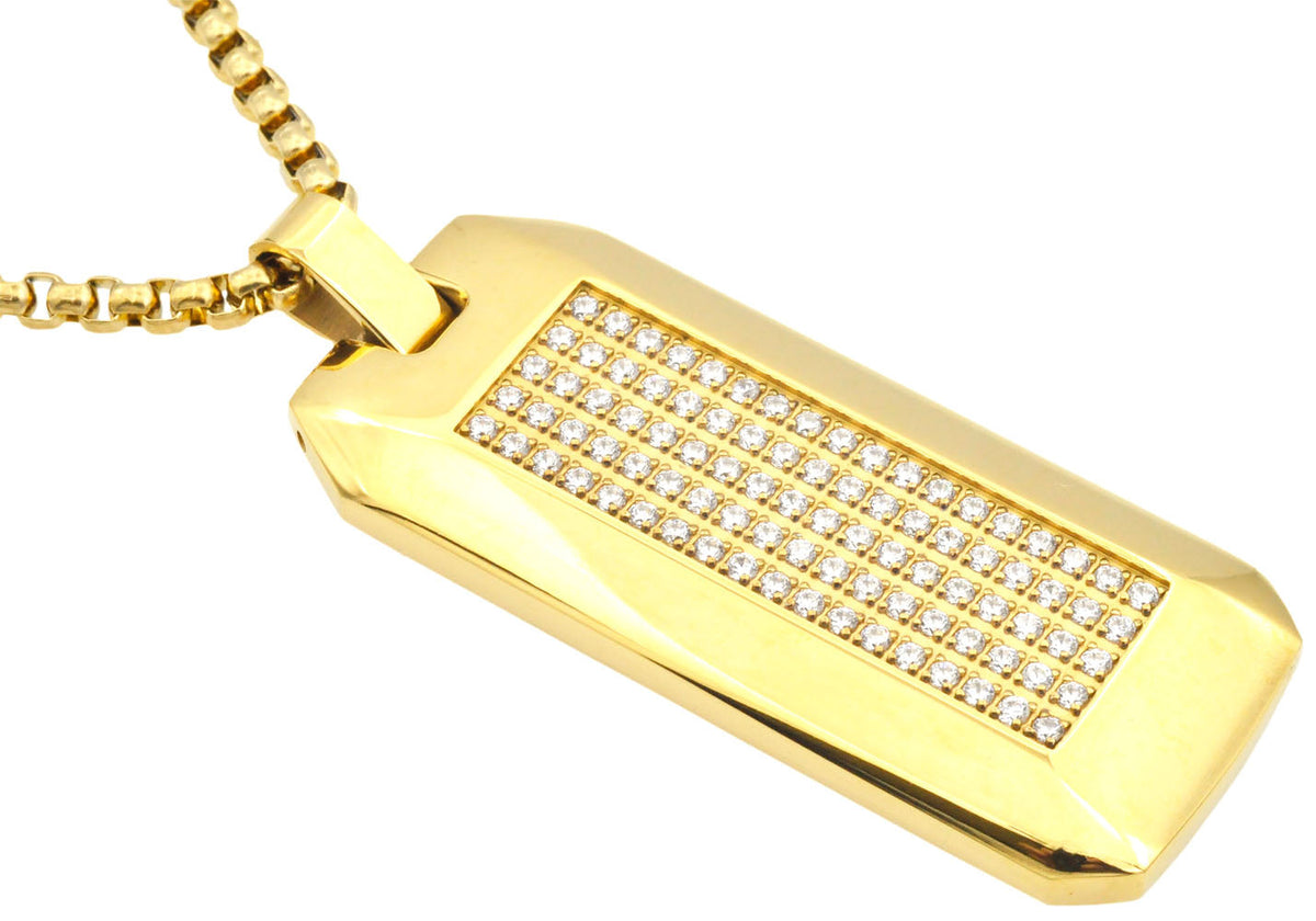 Mens Gold Plated Stainless Steel CZ Dog Tag Pendant Necklace With 24" Round Box Chain