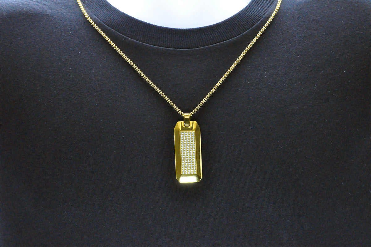 Mens Gold Plated Stainless Steel CZ Dog Tag Pendant Necklace With 24" Round Box Chain