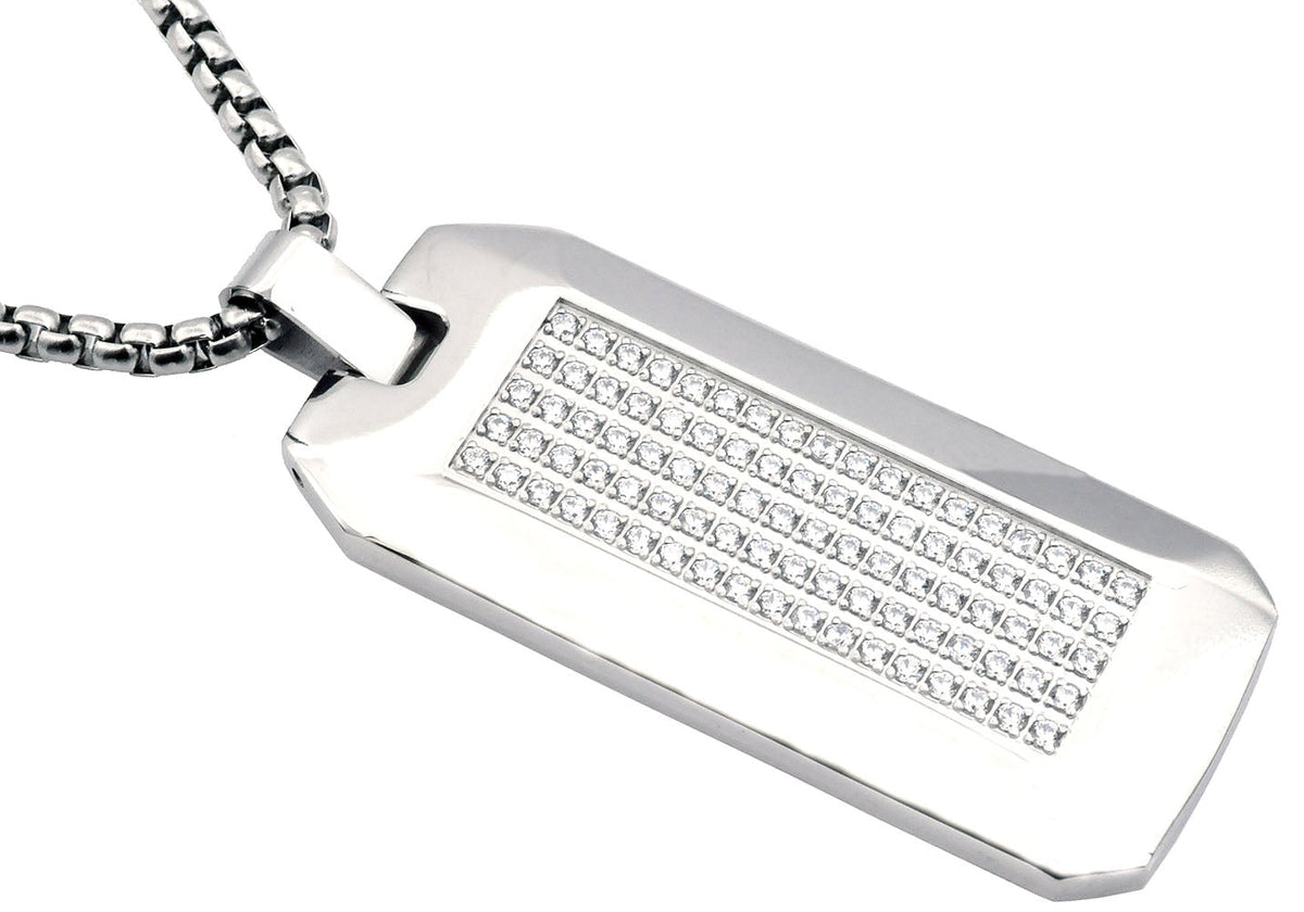 Mens Stainless Steel CZ Dog Tag Pendant Necklace With 24" Round Box Chain