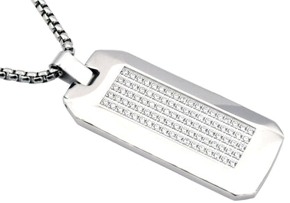 Mens Stainless Steel CZ Dog Tag Pendant Necklace With 24" Round Box Chain