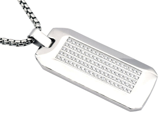 Mens Stainless Steel CZ Dog Tag Pendant Necklace With 24" Round Box Chain