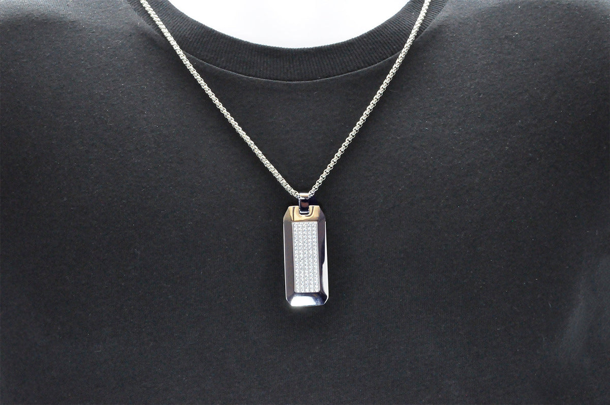 Mens Stainless Steel CZ Dog Tag Pendant Necklace With 24" Round Box Chain